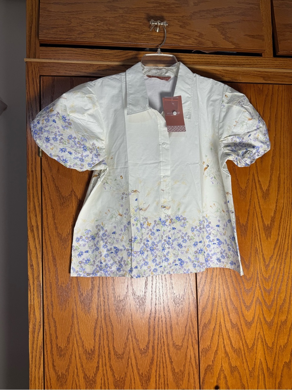 Women's Cream Button-Down Shirt with Blue Floral Border